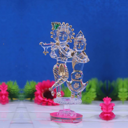 Craftfry Radha Krishna Glass Showpiece Murlidhar Crystal Showpiece kanha Ji Glass Transparent Golden Colour in Home Decor Item for Living Room car Dashboard and Gift Items