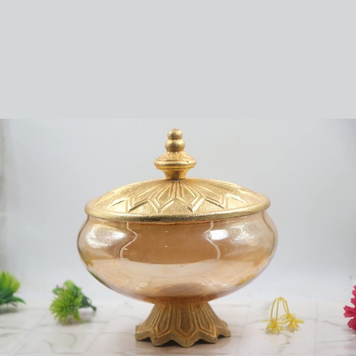 Craftfry Round Traditional Decorative Dry Fruits Storage Glass Jar With Golden Lid In Antique Royal Finish | Air Tight Transparent Storage Jar