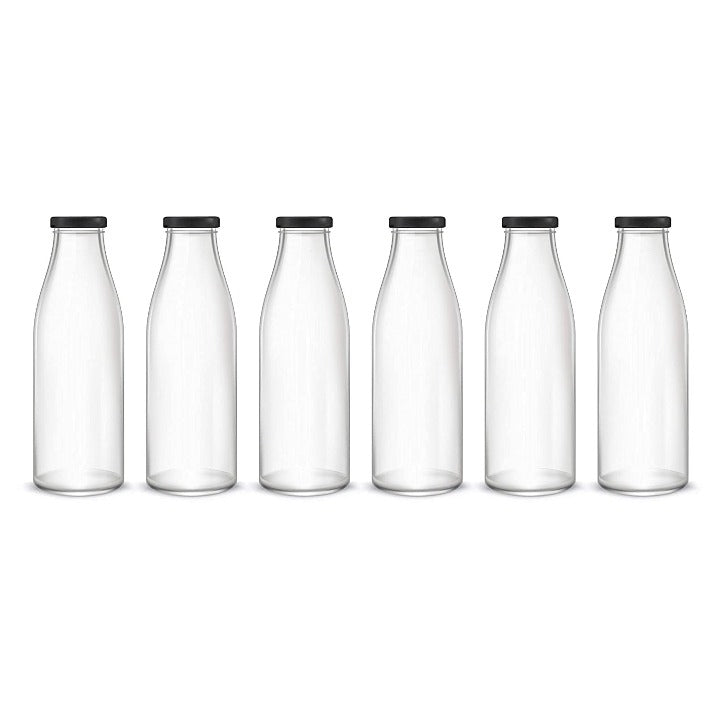 CRAFTFRY Milk, Water and Juice Glass Bottle with Air Tight Cap Black Color - 1000 Ml (Set of 6) (Transparent)