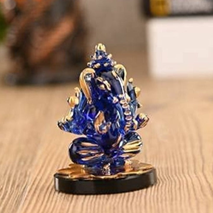 Craftfry  God Ganesha Two Sided face Figure for Showcase & Car Dashboard, Decorative Showpiece - 13 cm (Glass, Blue, Gold)