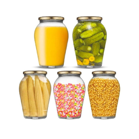 Craftfry Matka Shape Glass Jars with Airtight Metal Lid for Spice, Jam, Honey & Decoration Craft Work, 1000 ml, Set of 5