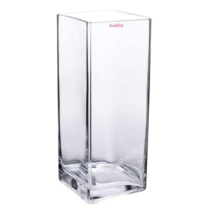 CRAFTFRY Transparent Multipurpose Glass Tall Square Vase for Flower Candle Holder and Showpiece (10 Inch,