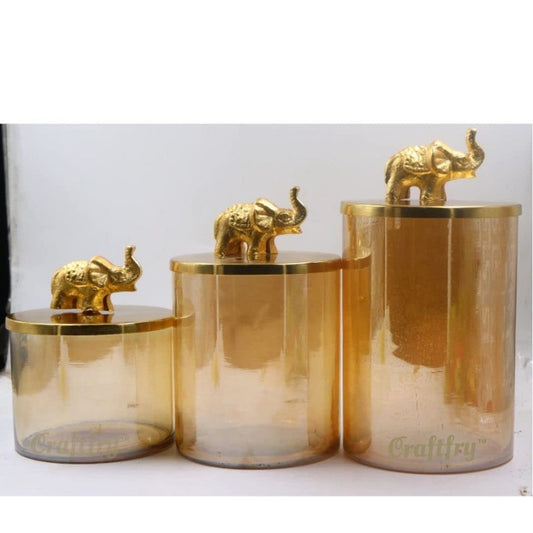 Craftfry Festive Look Decorative Dry Fruit Glass Jars Beautiful Golden Finish With Antique Elephant Knob Lid