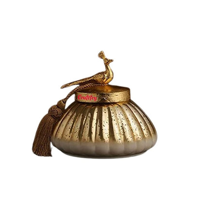 CRAFTFRY Decorative Glass Jar With Peacock Knob Lid In Antique Gold Finish