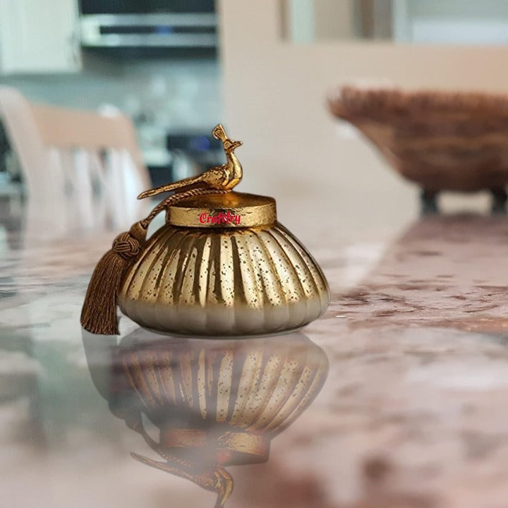 CRAFTFRY Decorative Glass Jar With Peacock Knob Lid In Antique Gold Finish