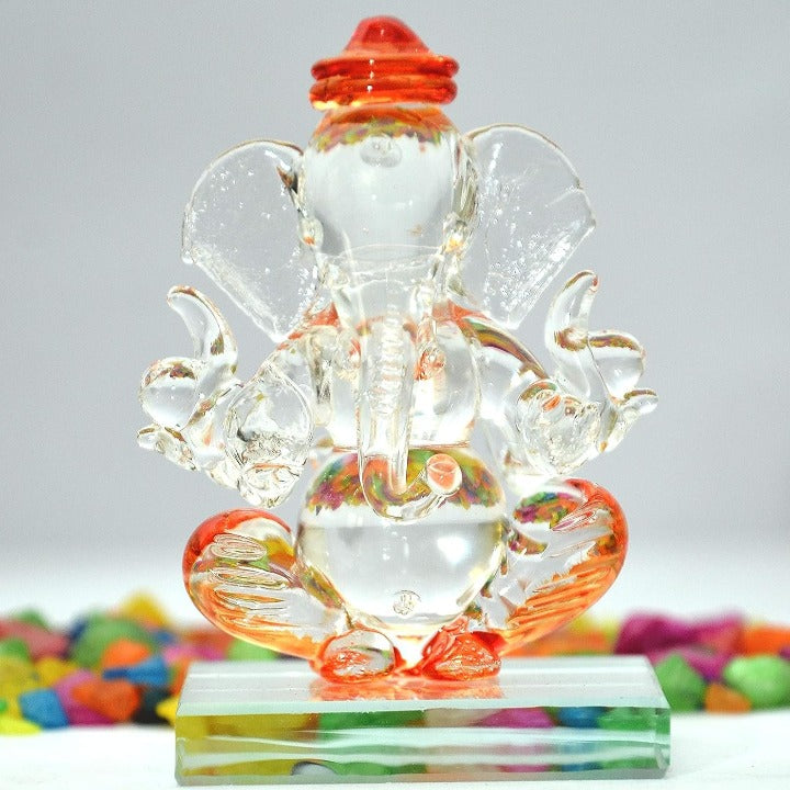 Craftfry Crystal Glass Ganesha Double Face Ganesha Idol for Home Decorative Showpiece - 7.5 cm (Crystal, Orange)