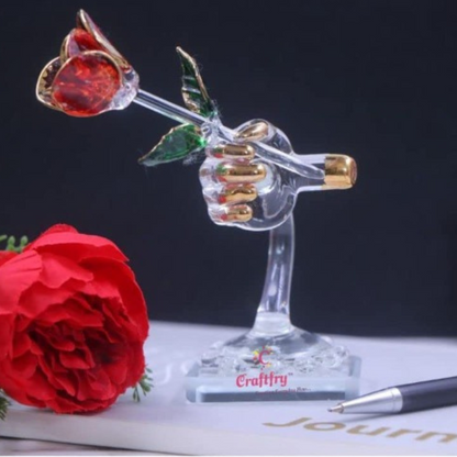 Craftfry Glass Rose in Hand Showpiece Crystal Showpiece Glass Transparent Colour in Home Decor Item for Living Room car Dashboard and Gift Items